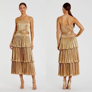 IEENA for Mac Duggal Metallic Gold Tiered Midi Dress with Belt